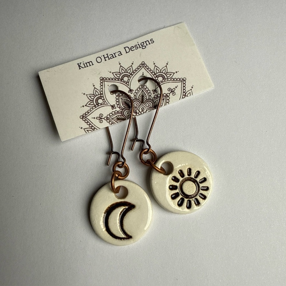 Kim O'Hara Celestial Sun Moon Handmade Dangle Pierced Copper tribal Art Earrings